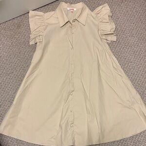 Beige Ruffle Sleeve Button-Down Dress